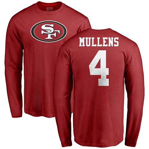 Men San Francisco 49ers Red Nick Mullens Name and Number Logo #4 Long Sleeve NFL T Shirt->san francisco 49ers->NFL Jersey